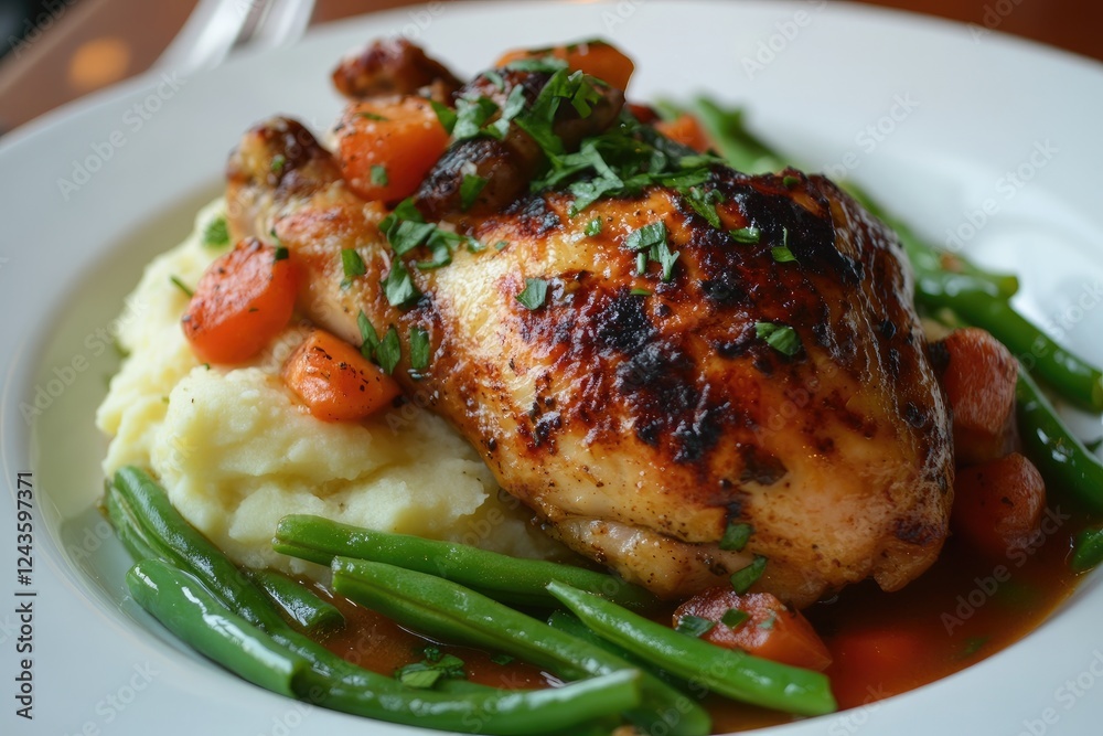 A family - style platter of roasted chicken surrounded by mashed potatoes and green beans A family - style platter of roasted chicken surrounded by mashed potatoes and green beans