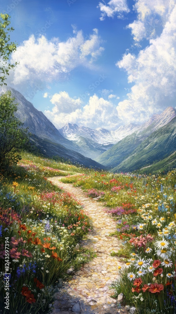 Serene mountain landscape with vibrant wildflowers and a winding path under a bright blue sky Serene mountain landscape with vibrant wildflowers and a winding path under a bright blue sky