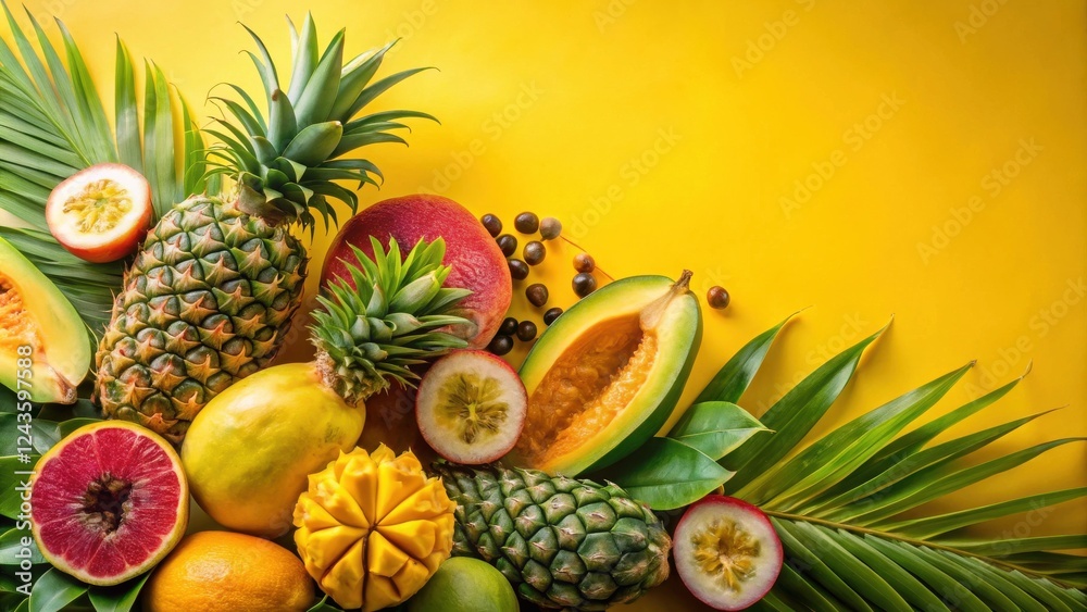 Fototapeta premium Tropical Fruit Arrangement with Vivid Yellow Background and Lush Green Foliage
