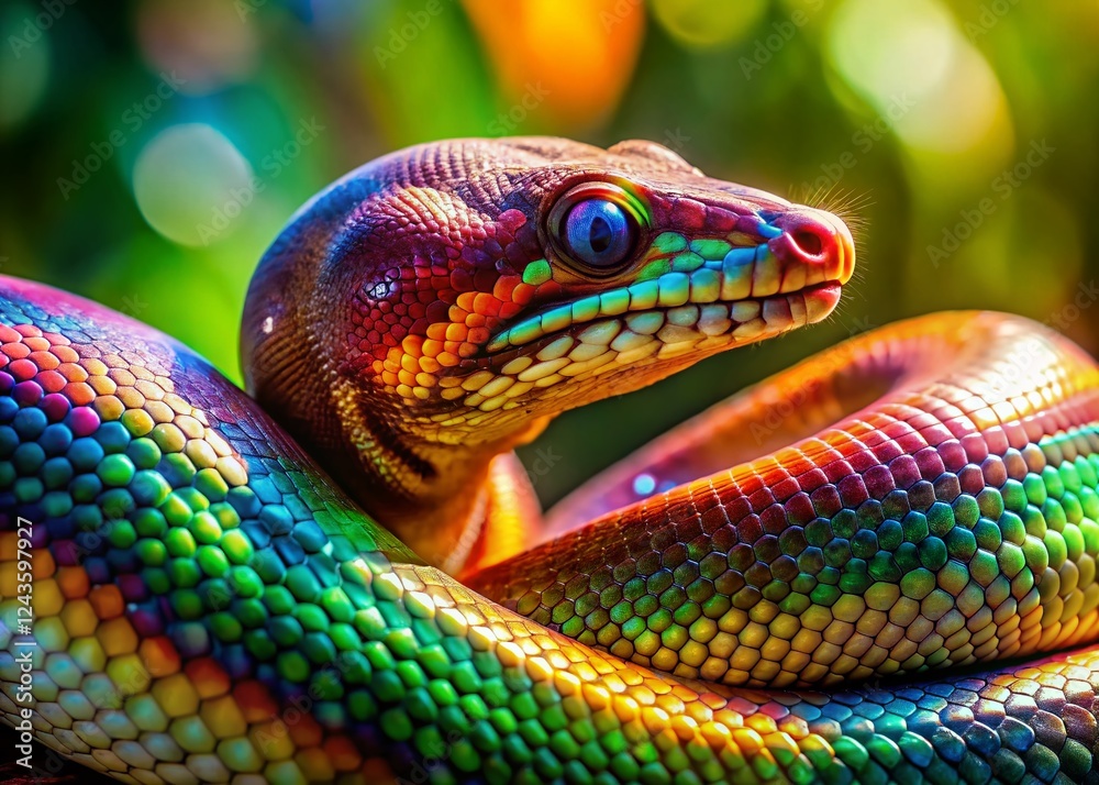 Fototapeta premium Prismatic Rainbow Boa: Vibrant Scales in Soft Light - Stunning Nature Stock Photo