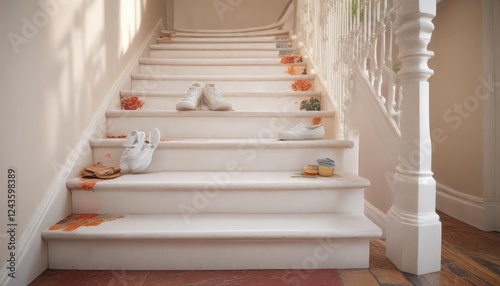 White canvas shoes on vibrant painted staircase, footwear, modern photo