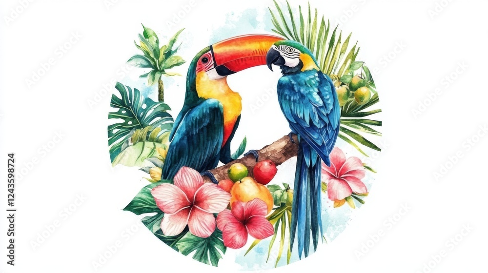 Obraz premium Tropical Paradise Birds in Watercolor Style
