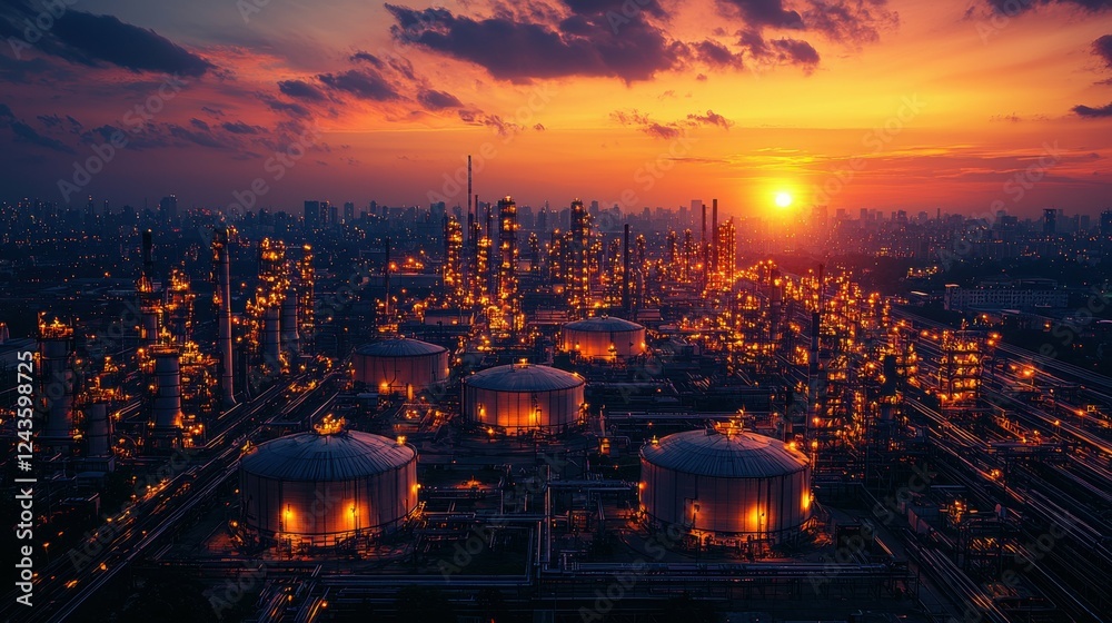 Fototapeta premium The industrial tank gleams in the last light of the day, with the sunset sky casting vibrant orange and purple hues. The surrounding industrial area reflects the glow of the setting sun.