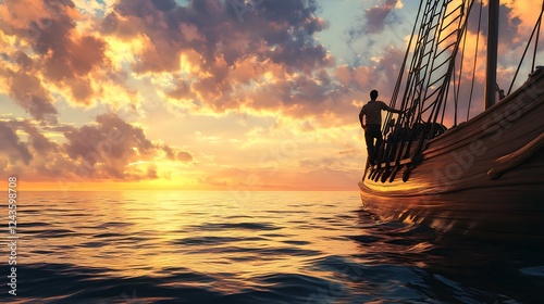 Lone Sailor Watching Sunset From Ancient Ship