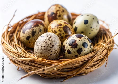 Quail Eggs in Nest, High-Resolution Stock Photo:  Close-up of delicate speckled quail eggs nestled in a natural bird's nest, isolated on a pure white background. Perfect for Easter,