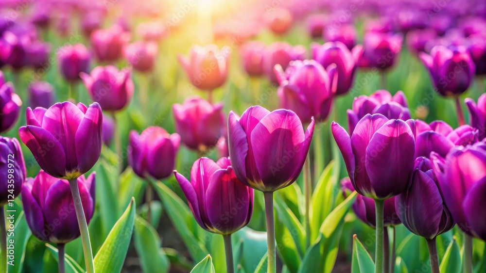 Vibrant Purple Tulips Bask in the Warm Glow of Sunlight in a Lush Field