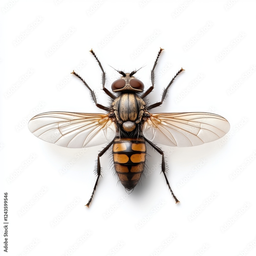Close-Up View of a Common Fly Displaying Detailed Anatomy on a White Background Close-Up View of a Common Fly Displaying Detailed Anatomy on a White Background