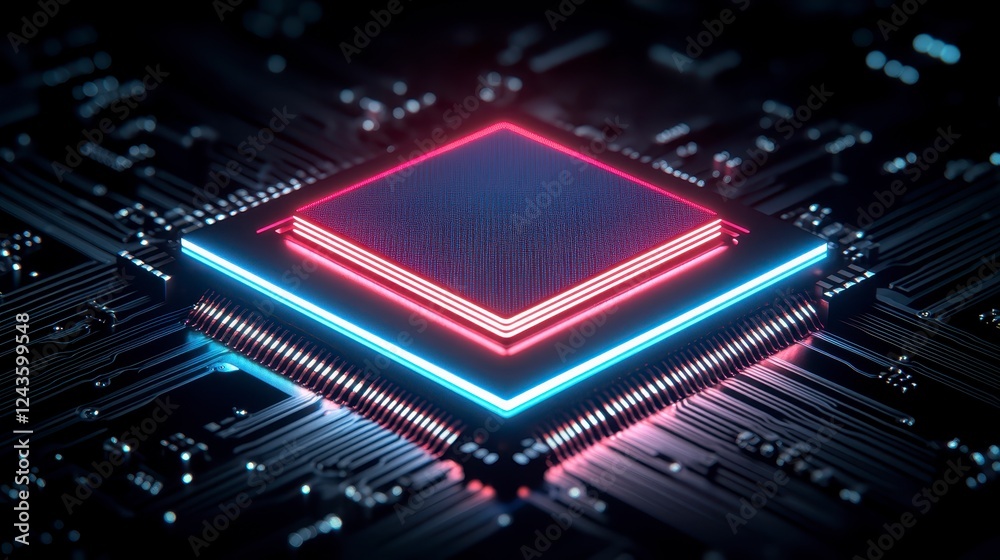 Abstract close up view of a glowing central processing unit on a circuit board, featuring pink and blue neon lights, data streams, and intricate Abstract close up view of a glowing central processing unit on a circuit board, featuring pink and blue neon lights, data streams, and intricate