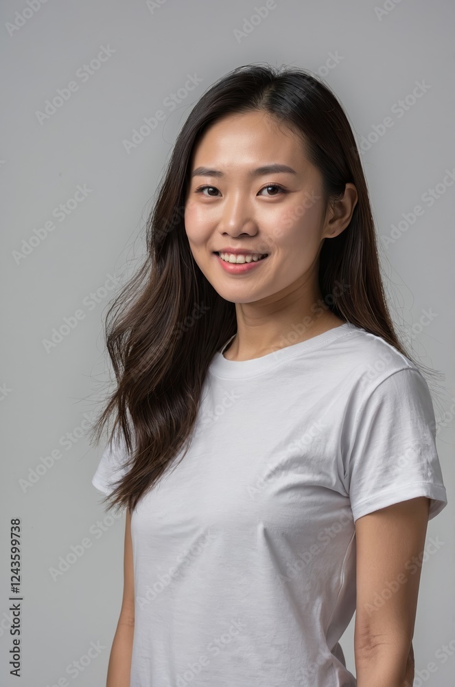 Young woman with long hair smiling while wearing a casual shirt against a neutral background in a relaxed setting Young woman with long hair smiling while wearing a casual shirt against a neutral background in a relaxed setting