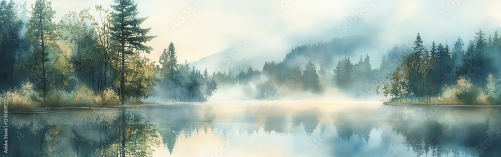 Serene lake surrounded by misty forest at dawn with soft pastel colors Serene lake surrounded by misty forest at dawn with soft pastel colors