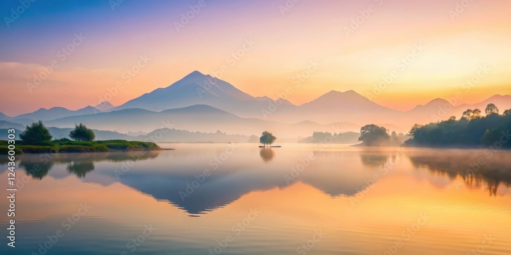 Naklejka premium Serene Sunrise Over Misty Mountain Lake with Island Tree Reflection