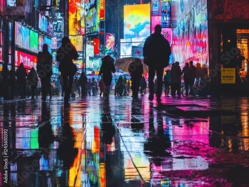 Rainy night, city street, people walking, vibrant reflections, urban scene