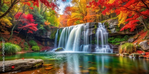 waterfall surrounded by vibrant autumn foliage with lush green trees and red maple leaves falling gently into a serene pool, peaceful waterfall, autumn colors