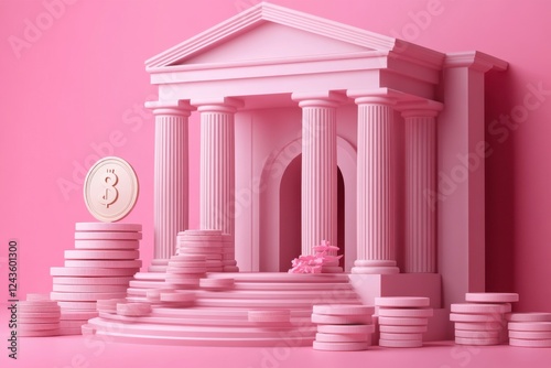 A whimsical pink bank structure surrounded by stacks of coins, conveying themes of finance and creativity. photo