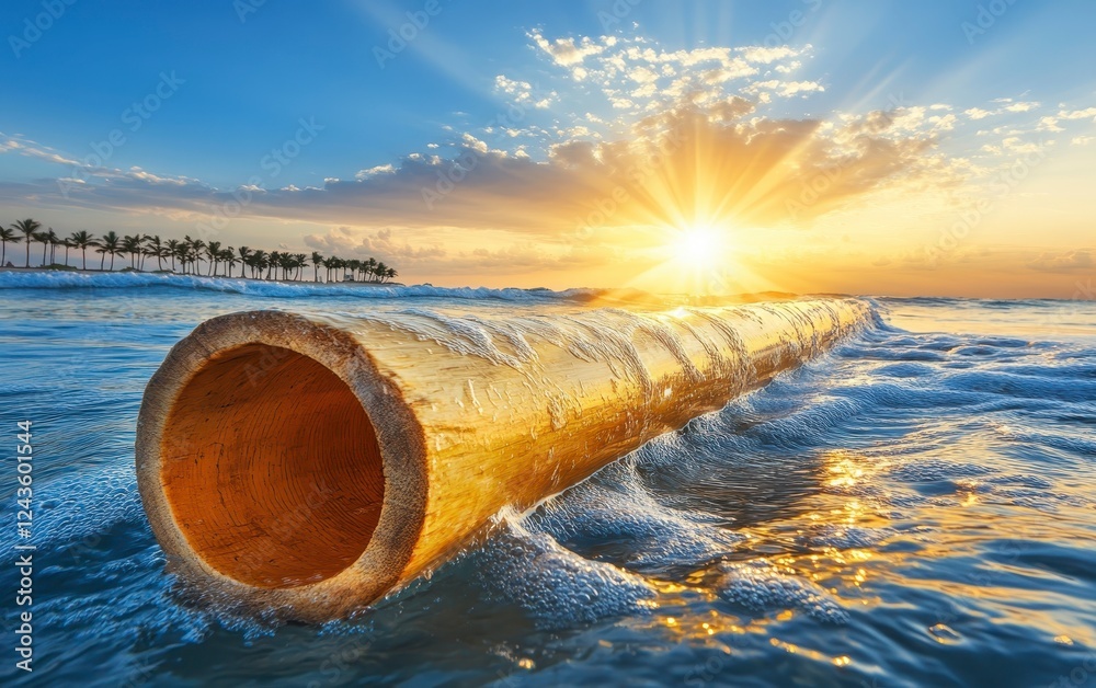 Golden bamboo tube floats on ocean waves during a vibrant sunrise, palm trees visible in the background Golden bamboo tube floats on ocean waves during a vibrant sunrise, palm trees visible in the background