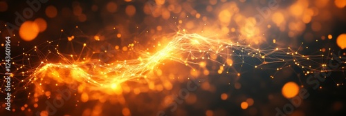 Abstract image of golden particles and bokeh lights, creating a dynamic and energetic composition. Warm, glowing colors dominate the scene