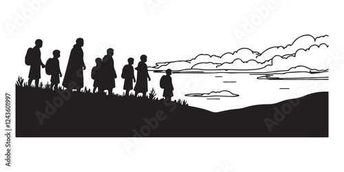 Muslim people line art and silhouette vector