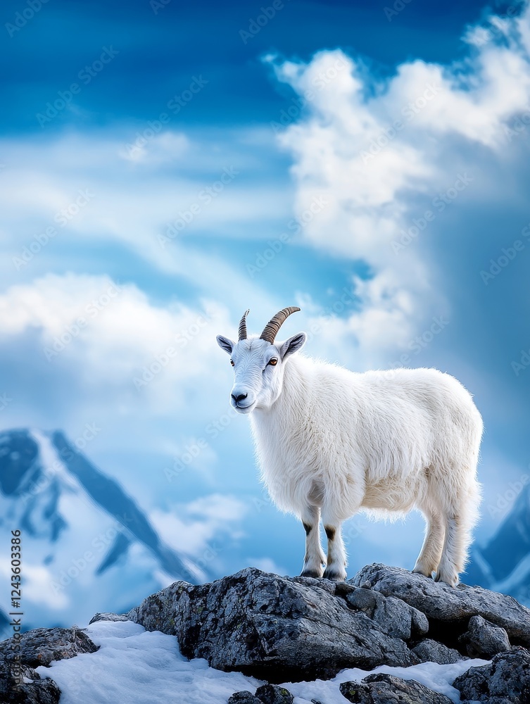 Fototapeta premium Majestic Mountain Goat in Winter Wonderland - A pristine white mountain goat stands proudly on a rocky peak, symbolizing resilience, freedom, wildness, serenity, and nature's majesty.