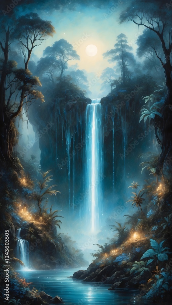 Fototapeta premium Fantasievolle Waldlandschaft mit Wasserfall und weichem Licht