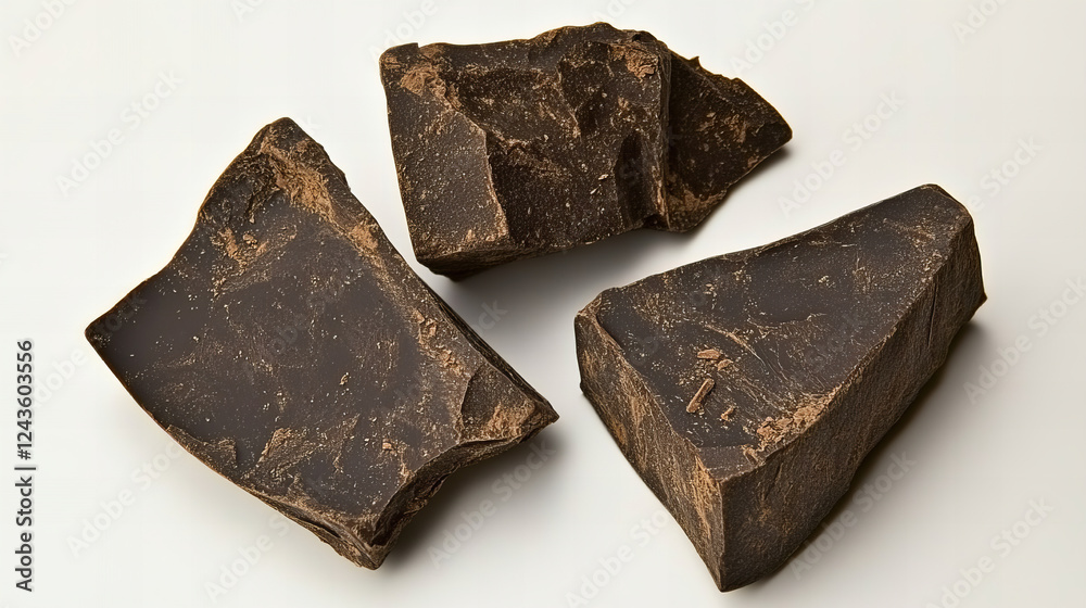 Scattered dark chocolate chunks and shavings on a clean white background, perfect for dessert visuals, baking themes, or confectionery concepts Scattered dark chocolate chunks and shavings on a clean white background, perfect for dessert visuals, baking themes, or confectionery concepts