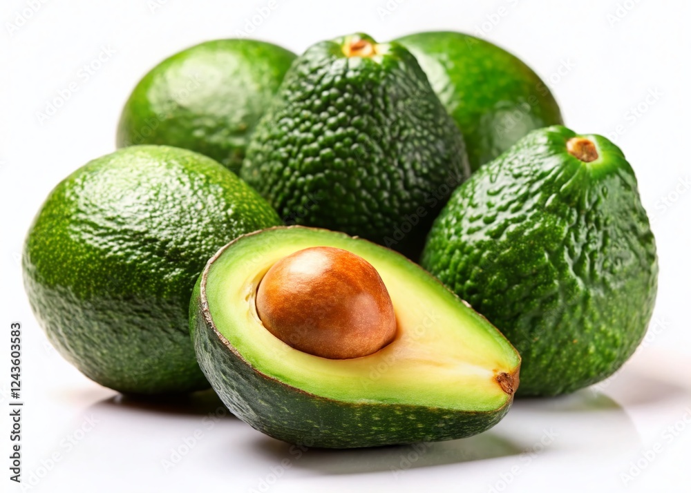 Ripe Avocados with Exposed Seeds, Tilt-Shift Photography, Isolated on White Background Ripe Avocados with Exposed Seeds, Tilt-Shift Photography, Isolated on White Background