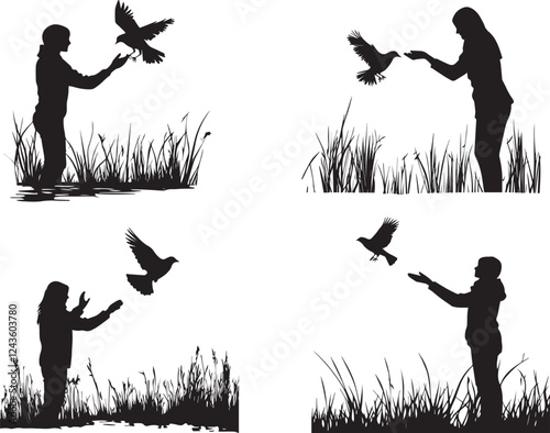 Silhouette of a person releasing and feeding a rehabilitated bird vector silhouette
