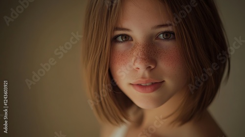 Portrait of a young woman with a blunt bob hairstyle, softly lit to highlight her freckles, gazing directly into the camera with a minimalistic background