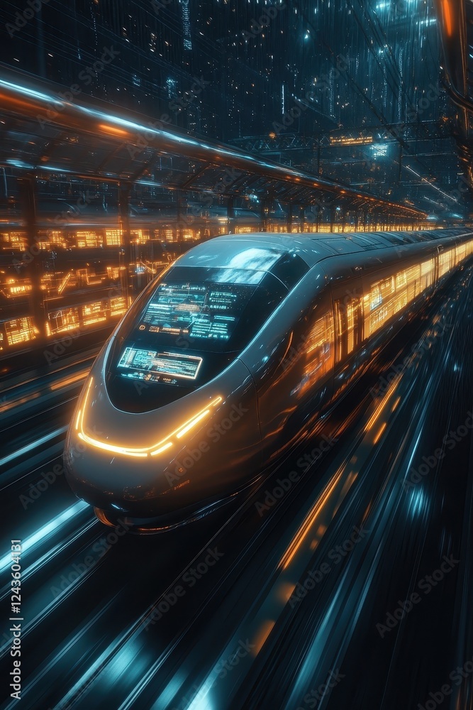 Fototapeta premium ** Futuristic High-Speed Train in Neon-Lit Cityscape with Digital Displays and Reflections at Night..**