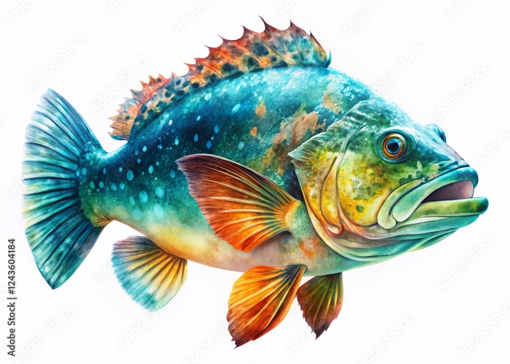 Robust Grouper Fish Watercolor Double Exposure Stock Photo - Bold Ocean Life Art Robust Grouper Fish Watercolor Double Exposure Stock Photo - Bold Ocean Life Art