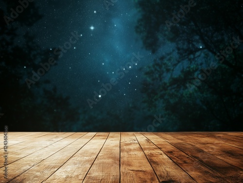 A wooden deck under a starry forest sky.