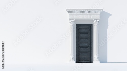 Elegant Black Door with Classic Columns on Minimalist White Wall