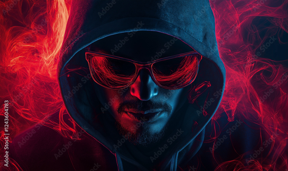 Fototapeta premium A Man in a Deep Blue Hoodie with Bright Glowing Styles for a Bold Fashion Look