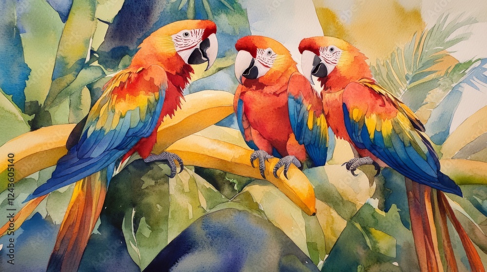Fototapeta premium Three Macaws in a Tropical Paradise Watercolor Painting