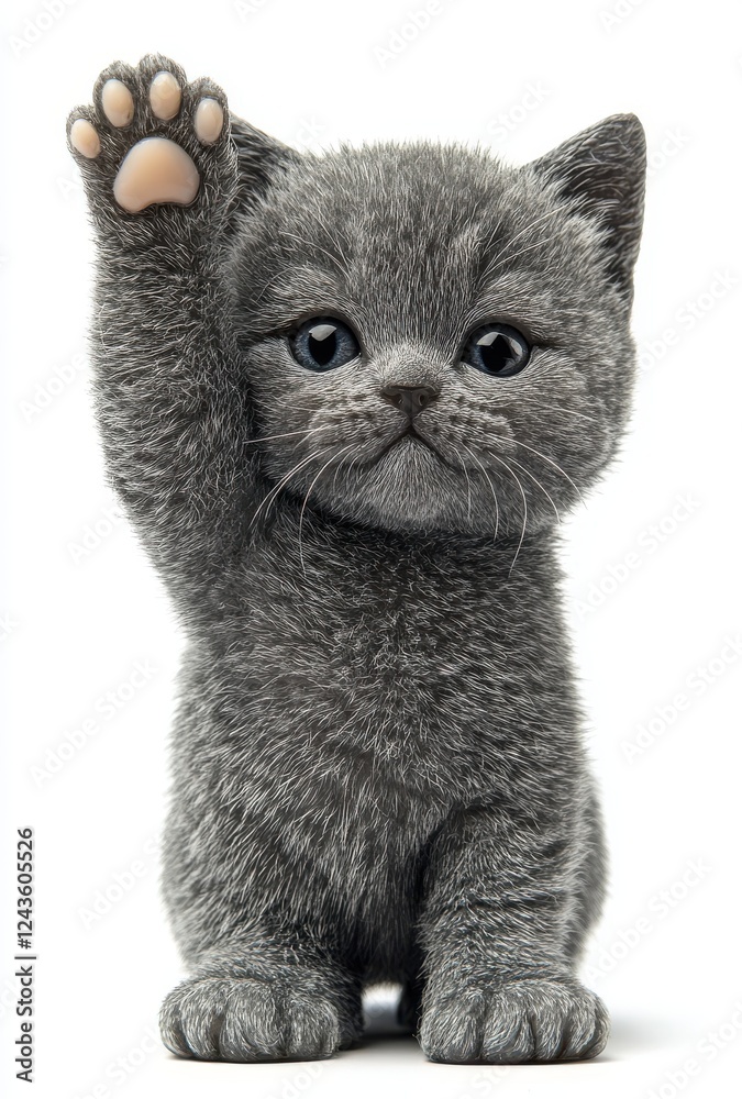 Obraz premium Adorable Grey Kitten with Raised Paw, Cute Expression, Fluffy Fur, Playful Attitude, High-Quality Portrait for Animal Lovers, Pet Enthusiasts, and More