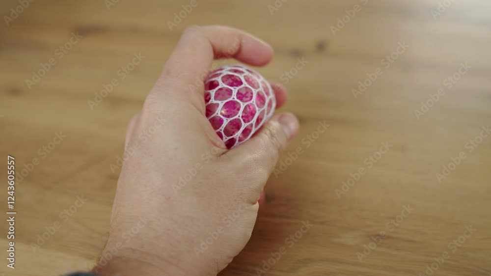 A hand squeezing a pink stress ball with a mesh cover on a wooden surface.