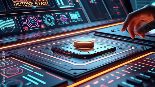 Futuristic High-Tech Control Panel with Glowing Interface and a Hand Reaching to Press an Illuminated Central Button

 photo