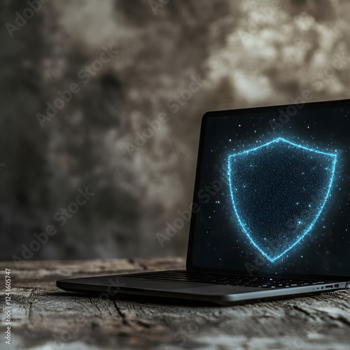 high tech laptop displaying digital shield symbolizing security