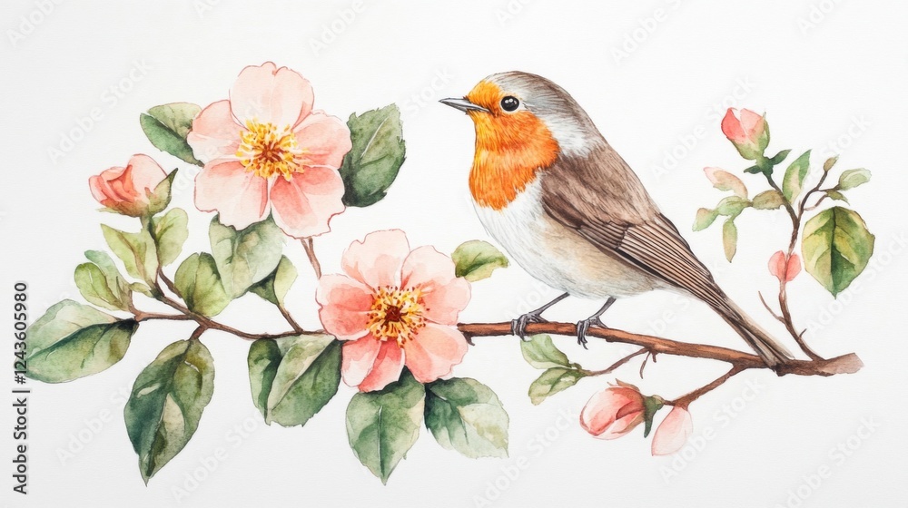 Fototapeta premium Watercolor Robin and Flowers - A Springtime Scene