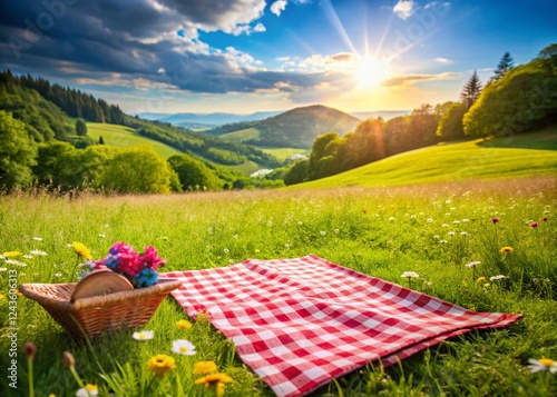 Rustic Countryside Picnic: Empty Gingham Blanket, Summer Sun, Rolling Hills