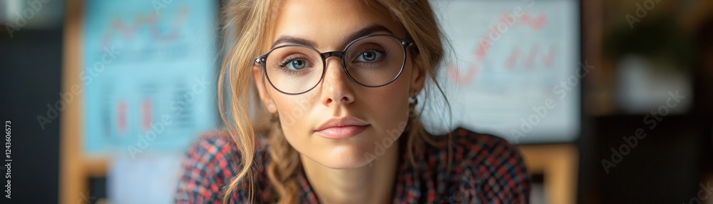 ** Portrait of a Young Woman with Glasses in a Modern Office Setting, Focused and Professional, Surrounded by Charts and Graphs..** ** Portrait of a Young Woman with Glasses in a Modern Office Setting, Focused and Professional, Surrounded by Charts and Graphs..**
