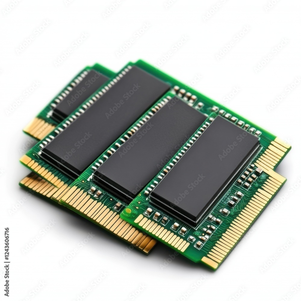 Close-up View of Computer Memory Modules on a White Background for Technology and Data Storage Concepts Close-up View of Computer Memory Modules on a White Background for Technology and Data Storage Concepts