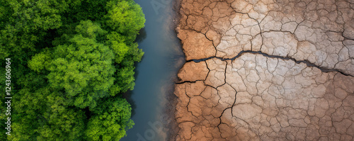 Lush green forest meets dry cracked earth, showcasing climate contrast