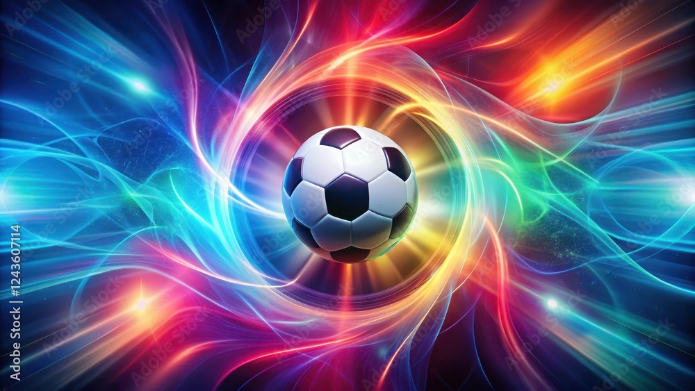 Fototapeta premium Colorful abstract background with swirling energy field and glowing soccer ball at center, movement, shape, movement