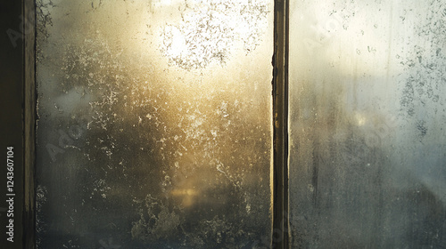 A dirty glass window with smudges and water stains, creating an atmospheric effect