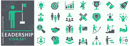 Leadership icon set. Containing leader, vision, guidance, mentorship, coaching, influence, charisma, challenge, lead and more. Vector illustration. set icons collection.