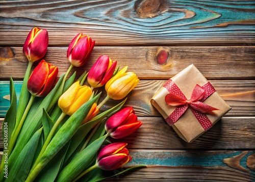 Rustic Wooden Background with Spring Tulips & Gift Box - Aerial View