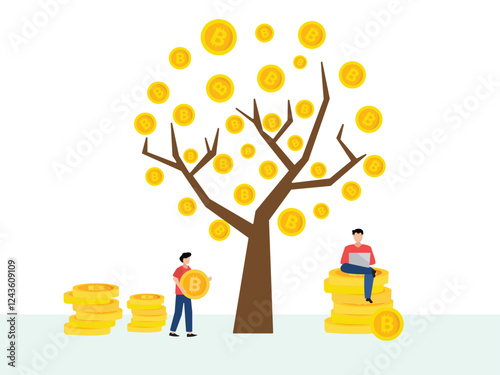 Characters picking bitcoin cryptocurrency from money tree and working on laptop. Bitcoin investment and profit concept.
