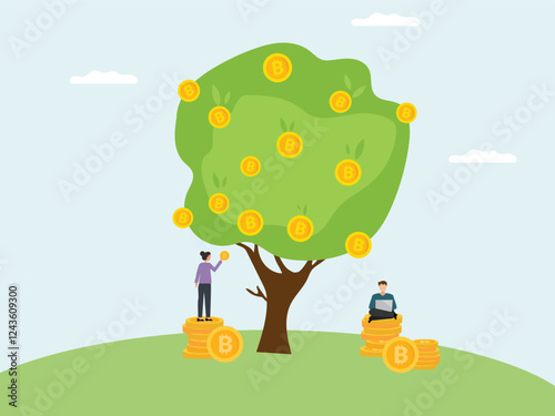 Characters picking bitcoin cryptocurrency from money tree and working on laptop. Bitcoin investment and profit concept.