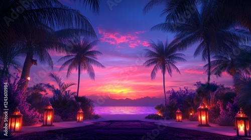 Idyllic arabic desert landscape at sunset with lanterns and palm trees