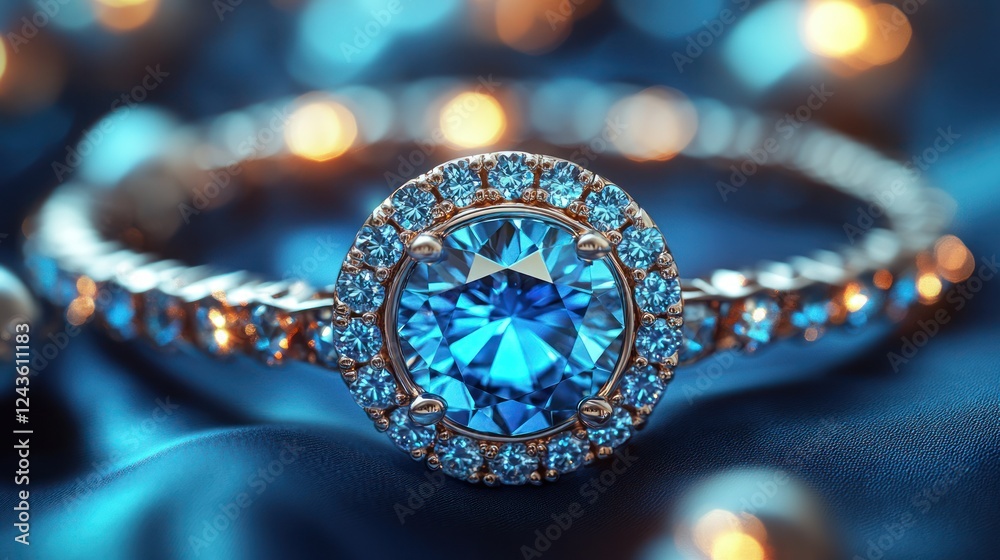 Fototapeta premium Blue Sapphire Ring, Festive Lights, Silk